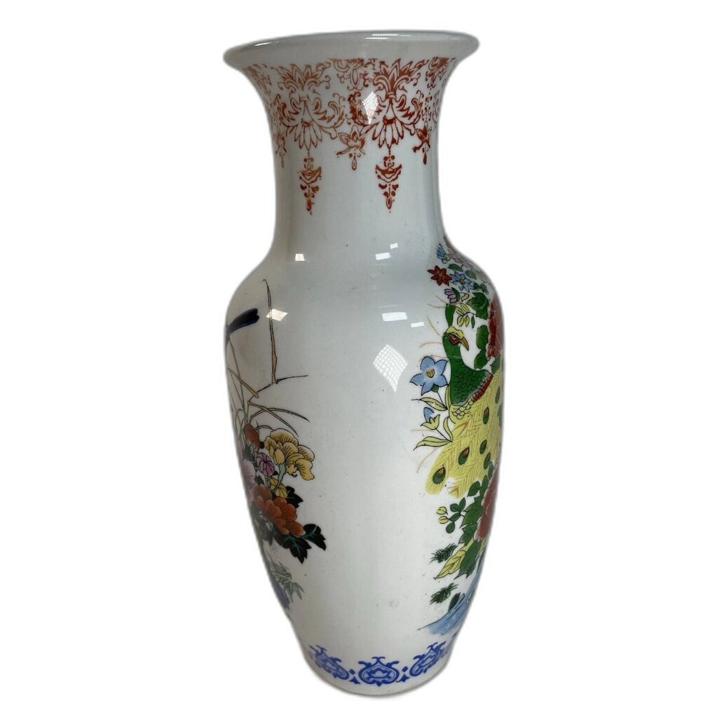 Vintage Hand‑Painted Asian Porcelain Vase – Birds, Florals & Blue Rock Motif